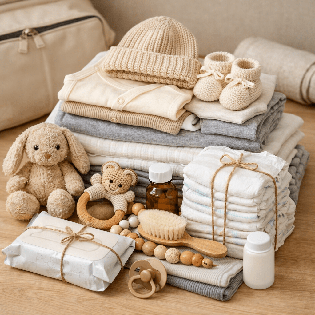 Stacks of baby clothes, knitted hat and booties, diapers, toys, baby brush, bottles, and wipes.